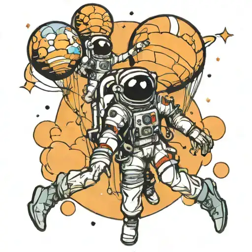 Tattoo Of A Male Astronaut Handing A Female Astronaut Balloons That Symbolize Planets