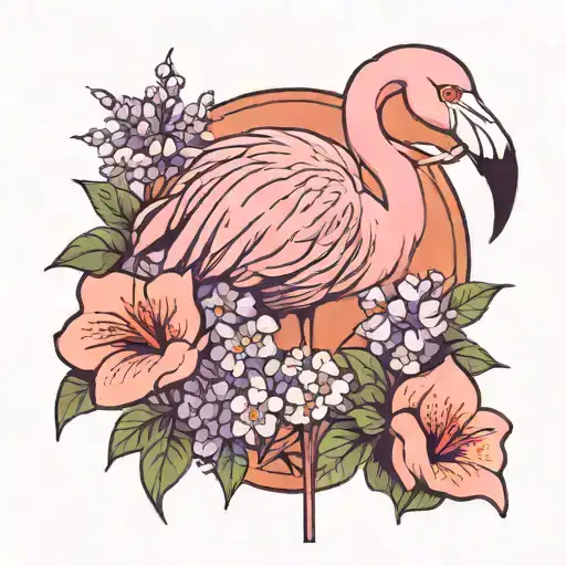 Flamingo With A Lilac Bush Behind It