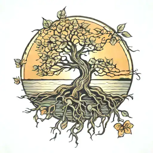 Tree Roots Growing Summer Leaves Sunset Over Lake