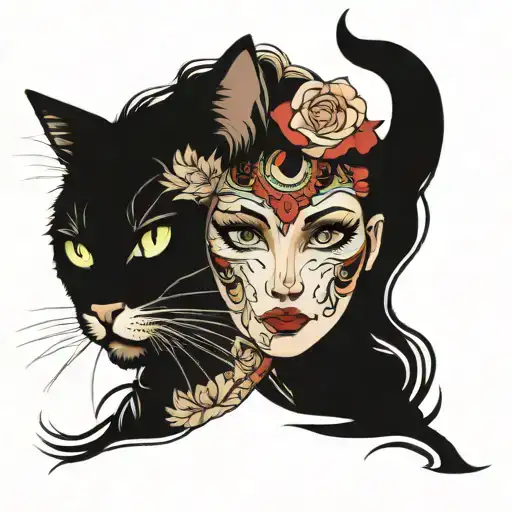 Half Woman Face Half Cat Face