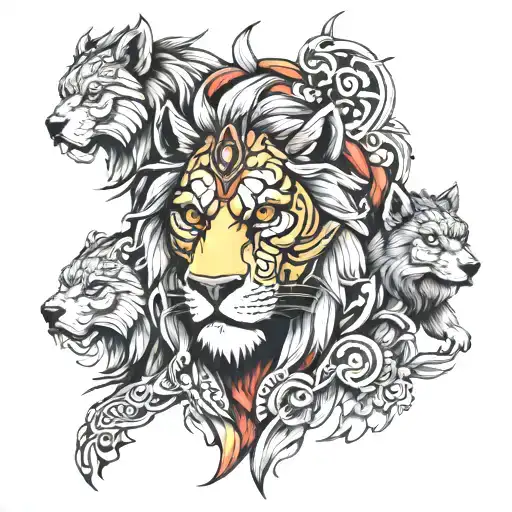 Warrior Lion With Three Wolves