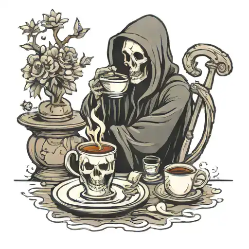 Grim Reaper Drinking Coffee