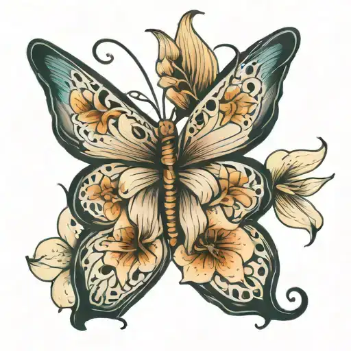 Line On The Back Butterfly And Lily Flowers
