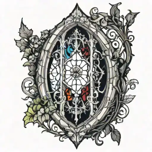 Gothic Black And White Cathedral Window With Colored Stained Glass And Vines