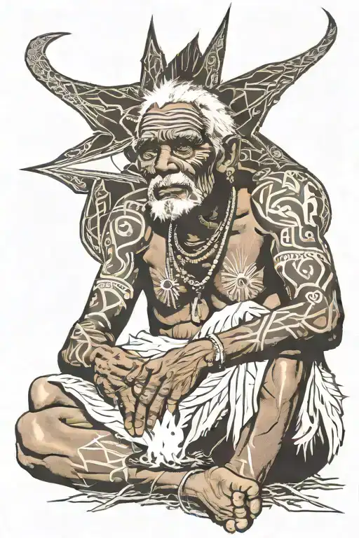 Aboriginal Elder Sitting In Front Of A Fire With The Southern Cross Beside Him