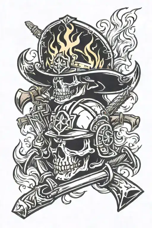 Crossed Axes With Flames And A Fire Helmet