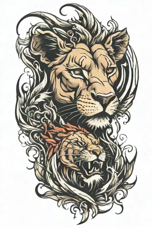 Lioness And Fire Flames