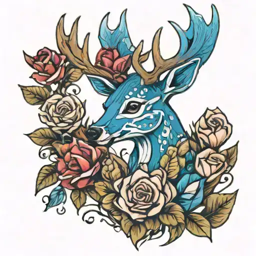 Blue Deer With Antlers Full Of Roses