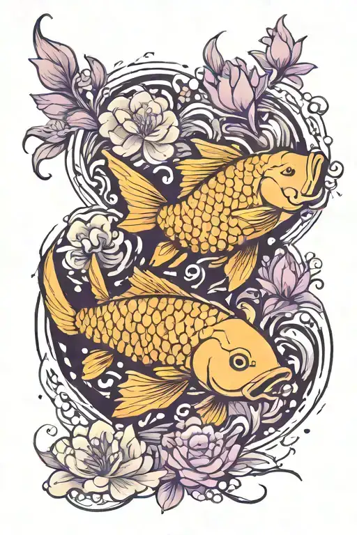 Coy Fish Swimming Down Stream With Lilac Flowers Surrounding It