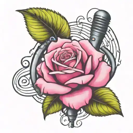 Bright Pink Rose With Microphone And Musical Notes