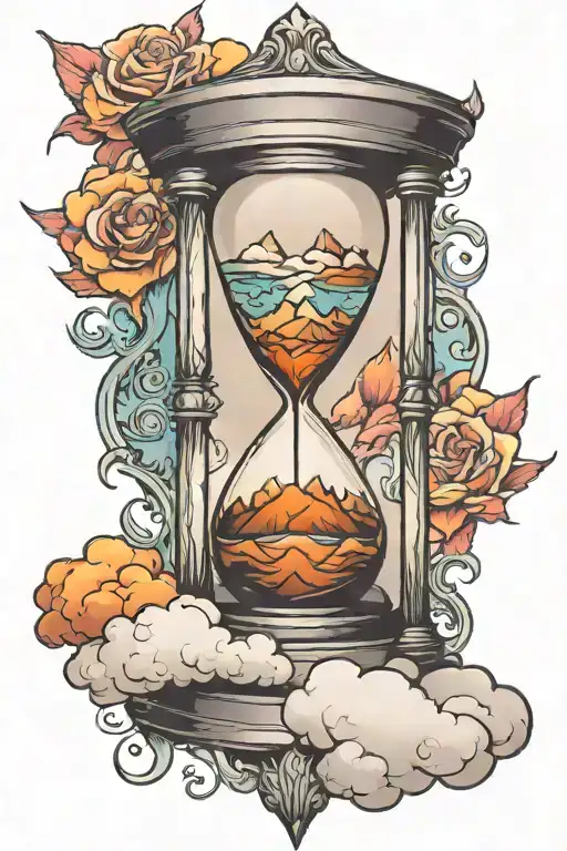 Hourglass With Heavenly Clouds In The Top And Fiery Mountains In The Bottom