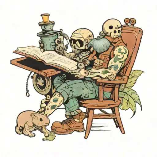 Tattoo Of A Veteran Father Reading A Science Book With A Kodama Spirit In The Background
