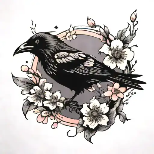Raven And Sakura Flowers