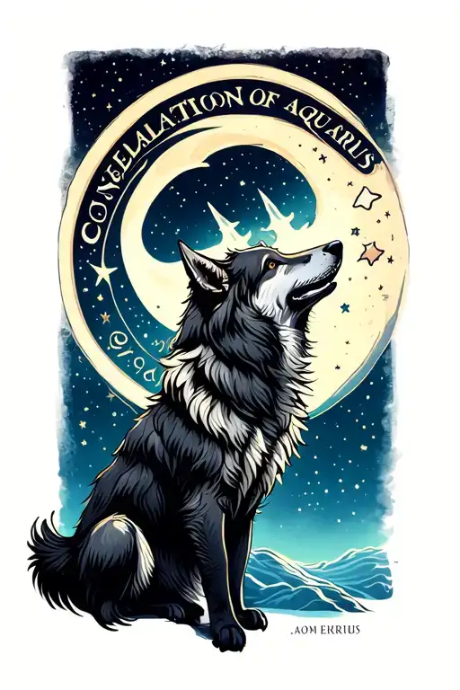 Wolf Howling At The Moon With The Consellation Of Aquarius Written In The Stars