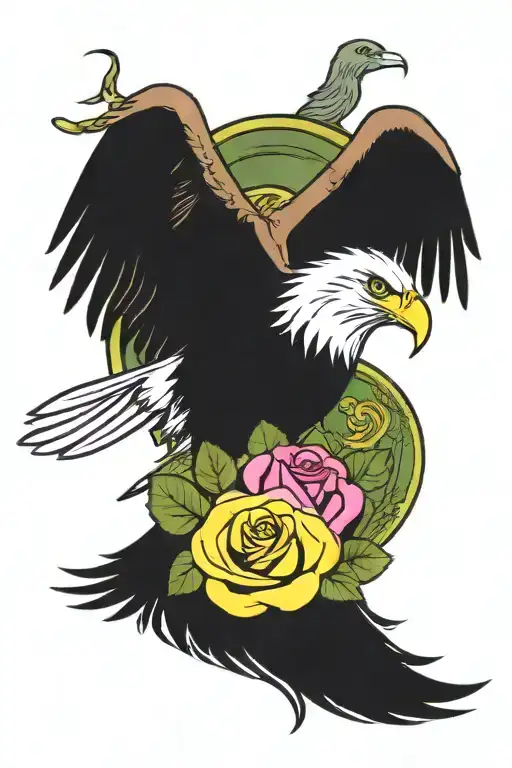 Lime Green And Pink Cancer Ribbon With Yellow Rose And Bald Eagle