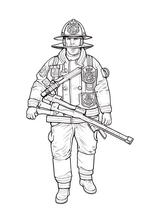 Firefighter With Coat Of Arms And In Action Packed Scene