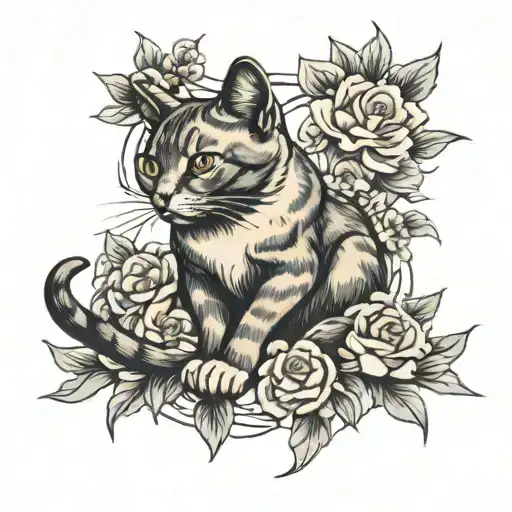 Cat Pawing At Doves From Flowers Blooming
