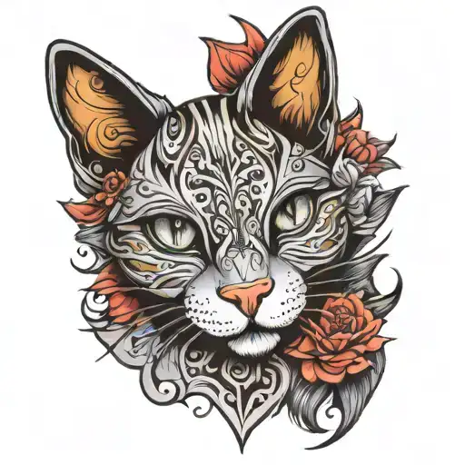 Half Woman Face Half Cat Face Tattoo Ideas Mixed Into One