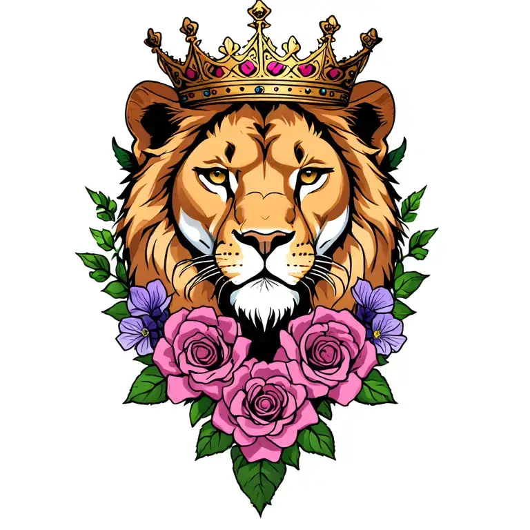 Lioness Wearing A Crown With Roses And Violets