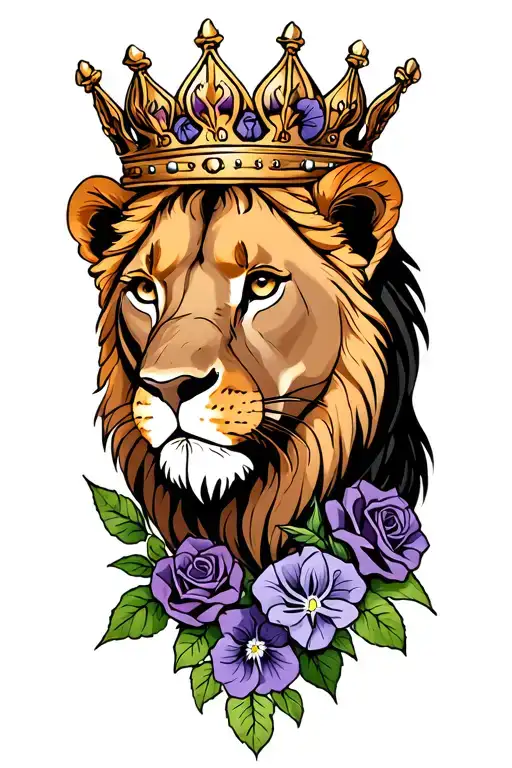 Lioness Wearing A Crown With Roses And Violets Intertwined