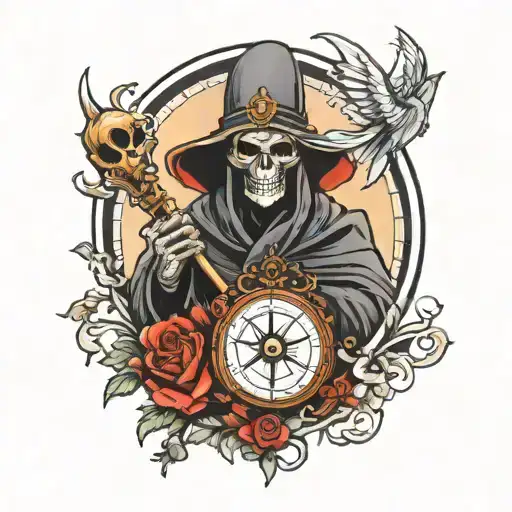 Reaper With A Crown Holding A Birdcage And Compass