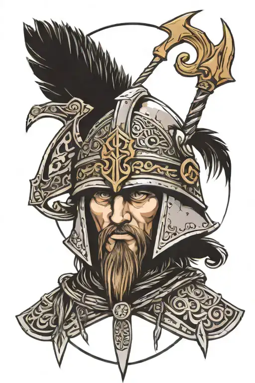 Slavic Warrior In A Helmet Inside The Mir Rune