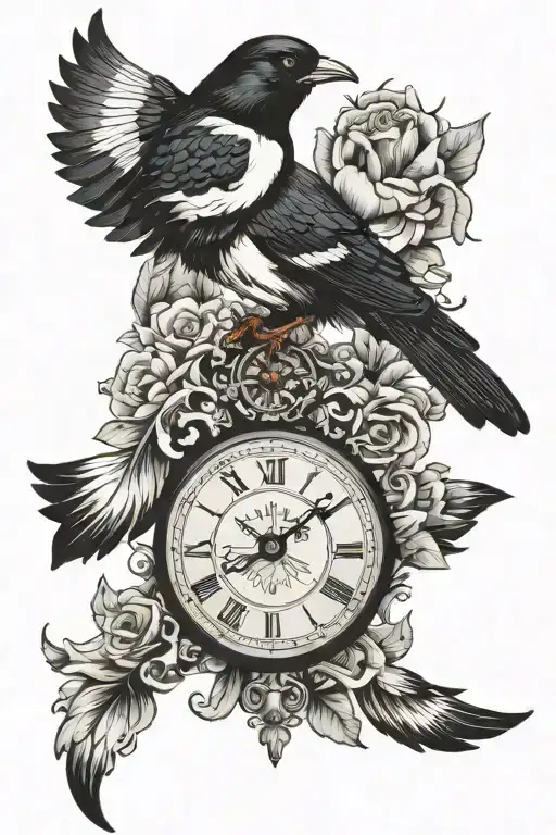 Compassand A Clock With A Magpie Perched