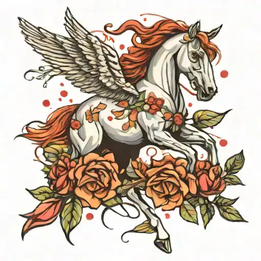 Horse Roses Birds Flying Away