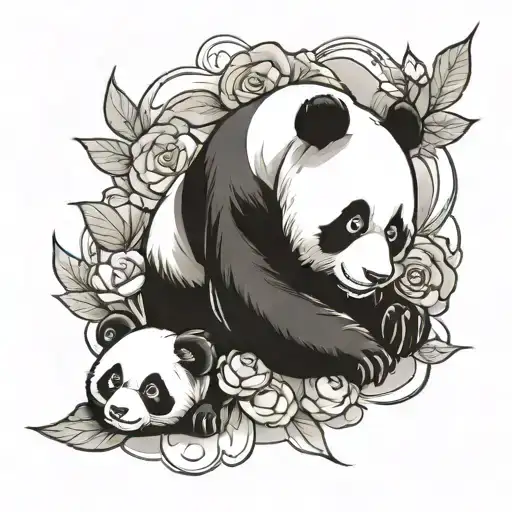 Panda Tattoo Artist Makes A Tattoo Of Another Panda In Black And White Style In A Tattoo Parlor