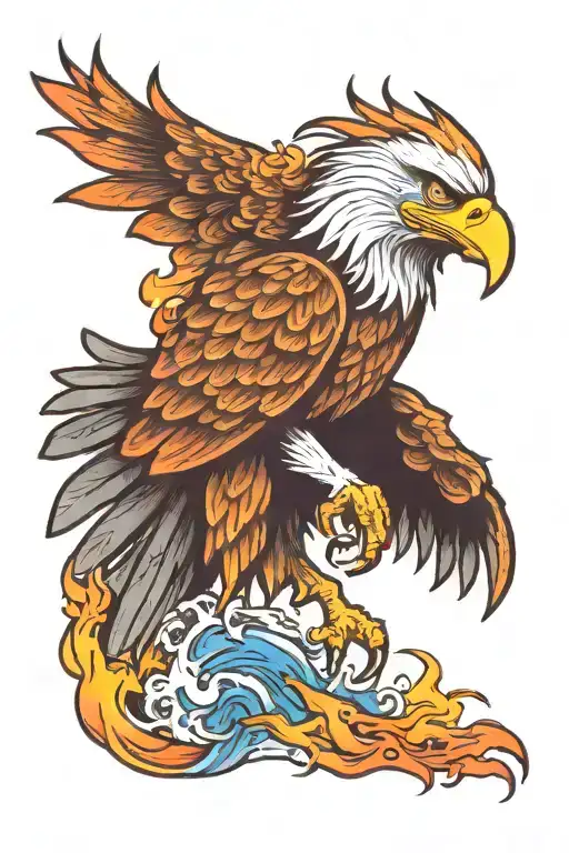 Eagle With A Background Of Fire And Water
