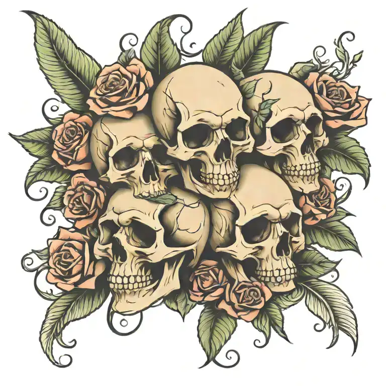 Skulls With Roses Blooming