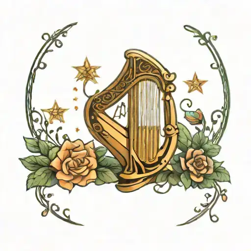 Celtic Harp Surrounded By Glowing Lights Galaxy Sky