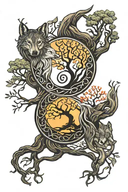 Yin Yang Symbol Merging Wolf Howling Tree Of Life Intertwined