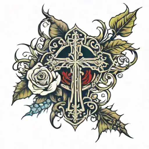 Christian Cross Surrounded By Rose And Thorns