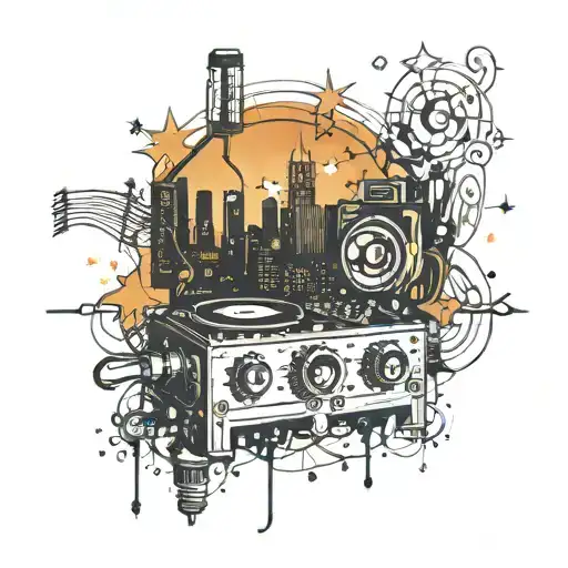 A Dj Mixer Blending Into A City Skyline With Music Notes As Stars