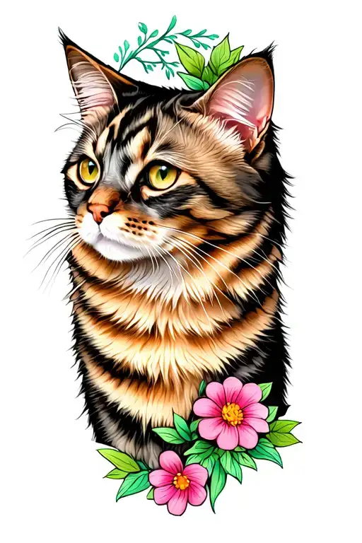 Mainecoon Cat Facing Sideways And Flowers