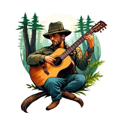 A Neotraditional Tattoo Of A Veteran Playing A Guitar In A Serene Forest Setting