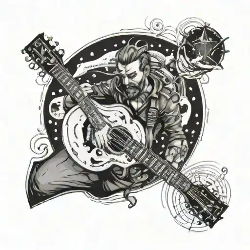 Tattoo Sketch Of A Man Standing On The Neck Of A Guitar As If On A Path To Space