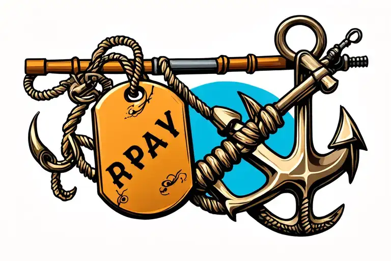 Anchor And Military Dog Tag With Fishing Pole Intertwined