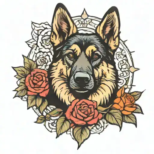 Mostly Black And Some Tan Plush Coat German Shepherd Dog Surrounded By Roses