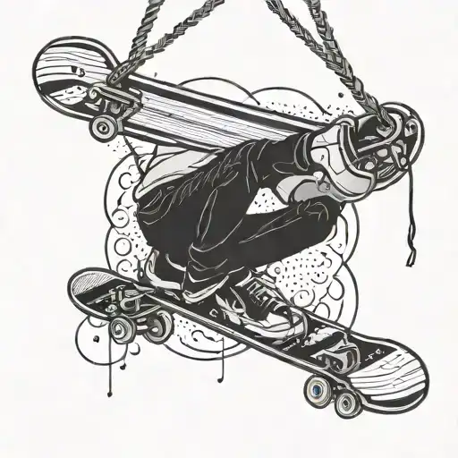 Black And White Lines Skateboard Hanging From A Rope Like He Commit Suicide