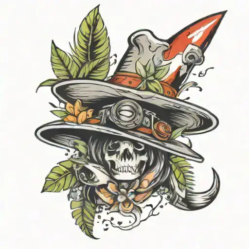 Rocket With A Cowboy Hat And Tropical Plants Intertwined