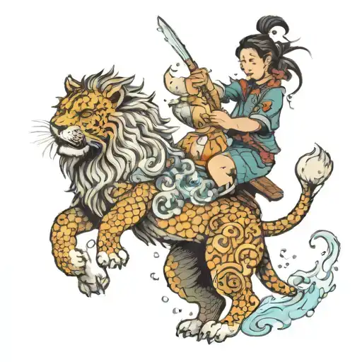 Man Riding A Lion With A Girl Pouring Water Onto Koi Fish