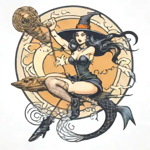 Witch Pinup Girl Riding A Broom In Front Of Moon Wearing Fish Net Stockings