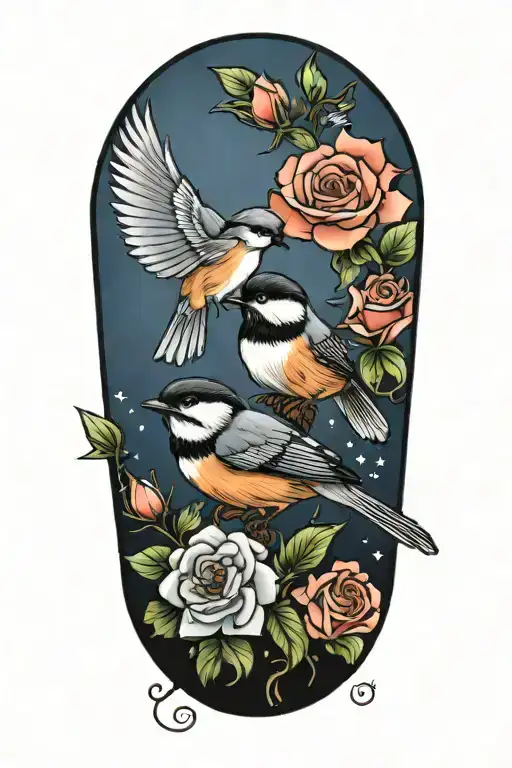 Roses And Penta Flowers With Chickadee Perched