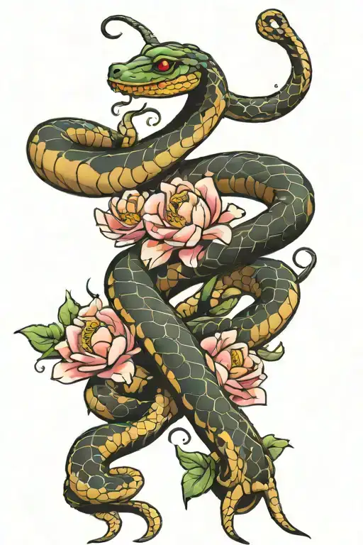 Snake Coiled On Spine Tattoo With Flowers