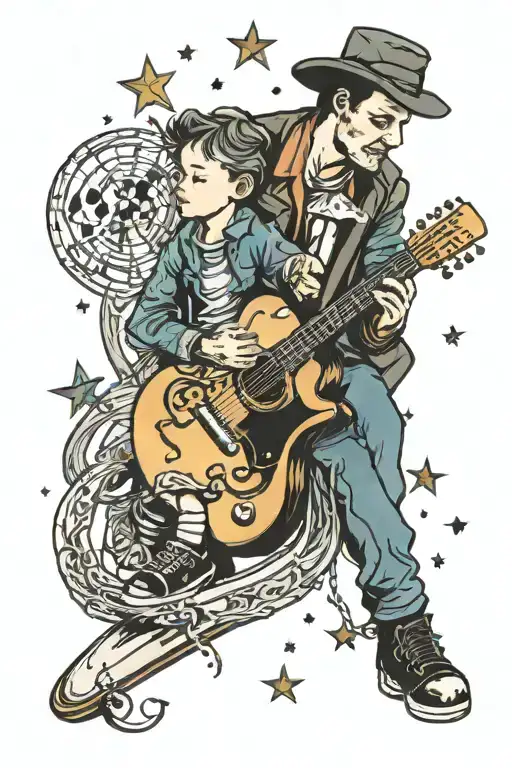 Guitar With Hockey Skate Laces As Chords With Kid And Father Looking Up At The Stars