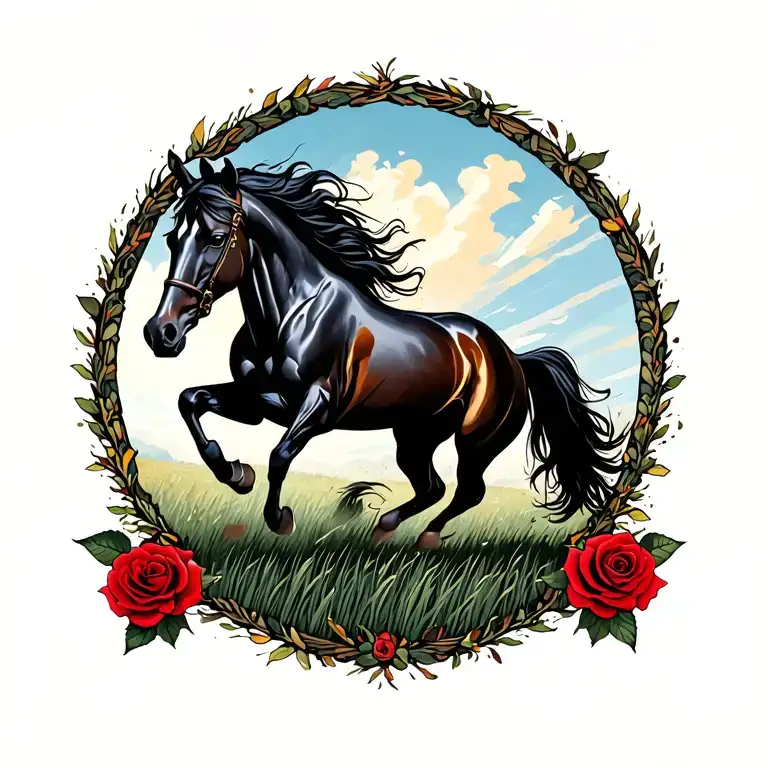 Spitfire Horse Galloping Through A Field With Red Rose