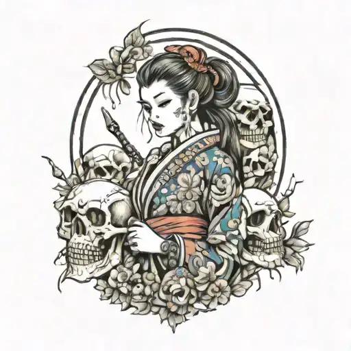 A Warrior Woman In A Kimono Surrounded By Skulls