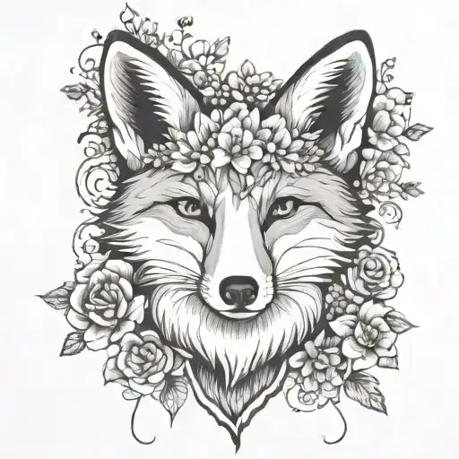 Black And White Fox With Flowers Surrounding